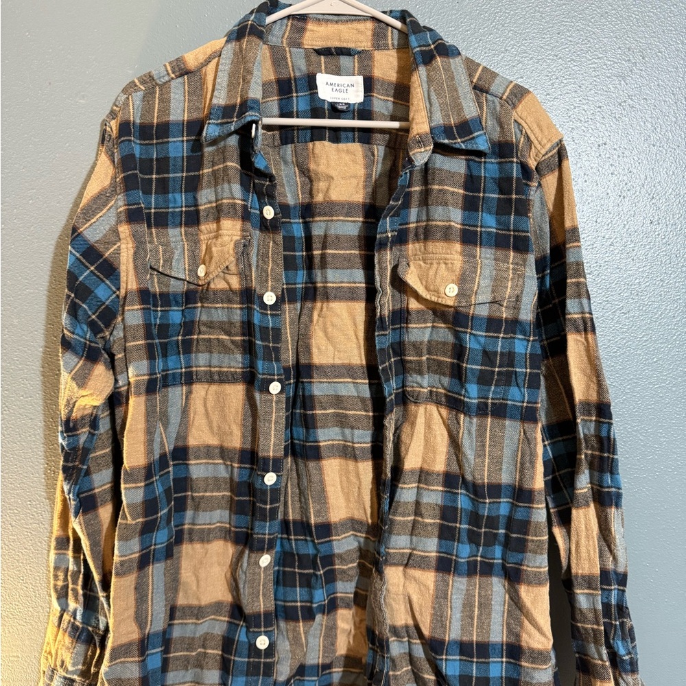 American Eagle Outfitters Navy and Beige Plaid Shirt
